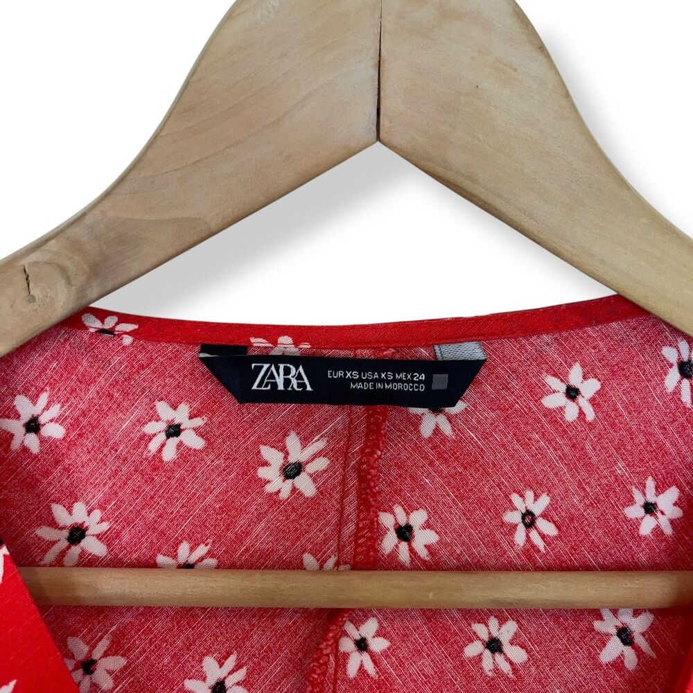 ZARA Red Daisy Floral Print Tie-Front Linen Blend Cropped Blouse - XS - Picture 12 of 12